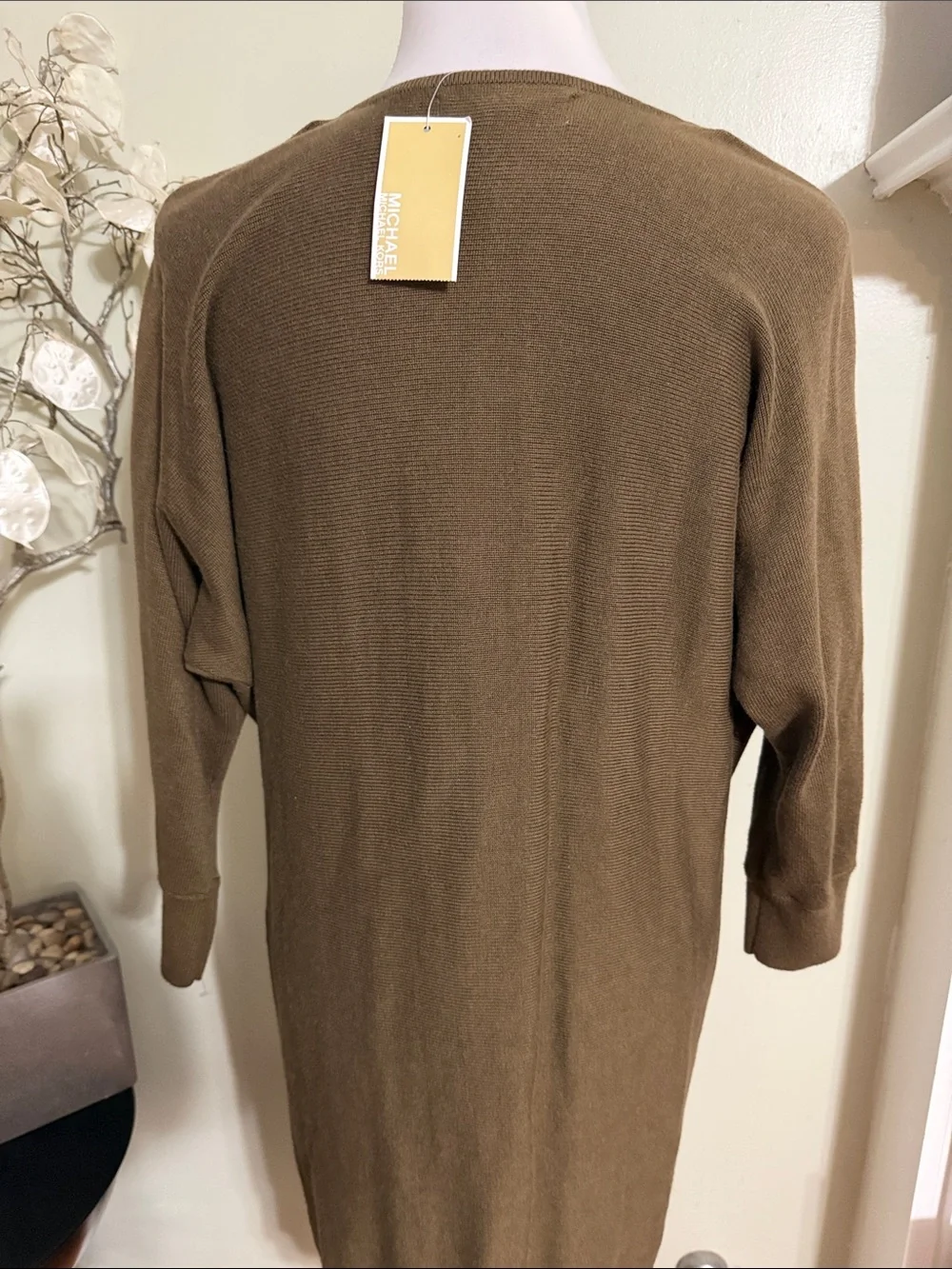 Michael Kors Olive Brown Sweater Dress Long Sleeve Drape Neck